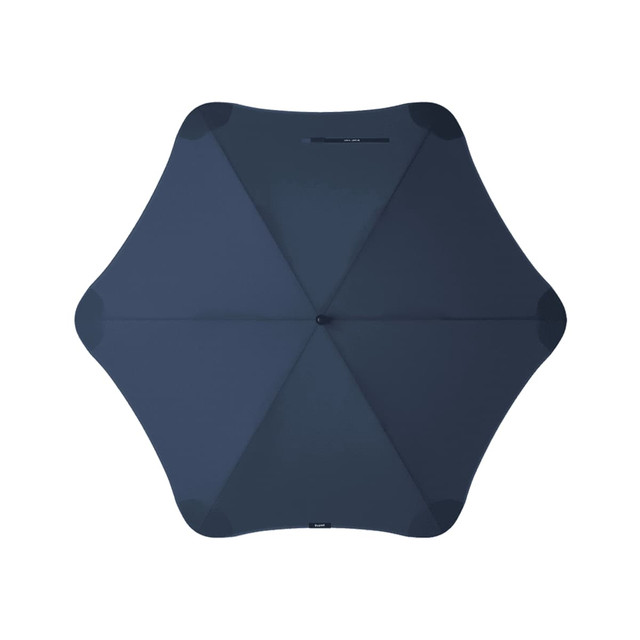 A dark navy umbrella with a sleek design and central button, featuring a branding logo.