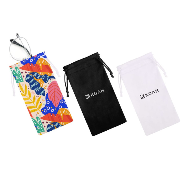 Three RPET lens pouches in vibrant patterns: one with a colourful leaf design, and two in black and white, featuring a logo.