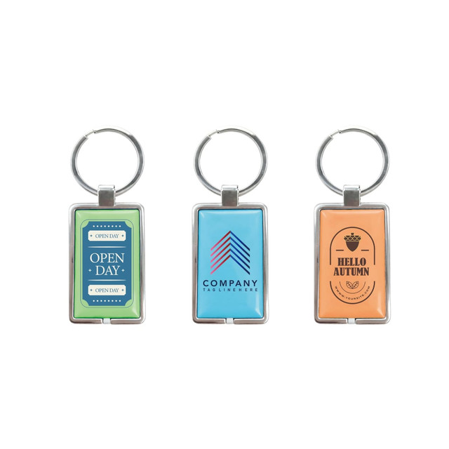 NFC epoxy square tags in green, blue, and orange, each attached to a metal keyring, featuring various designs.