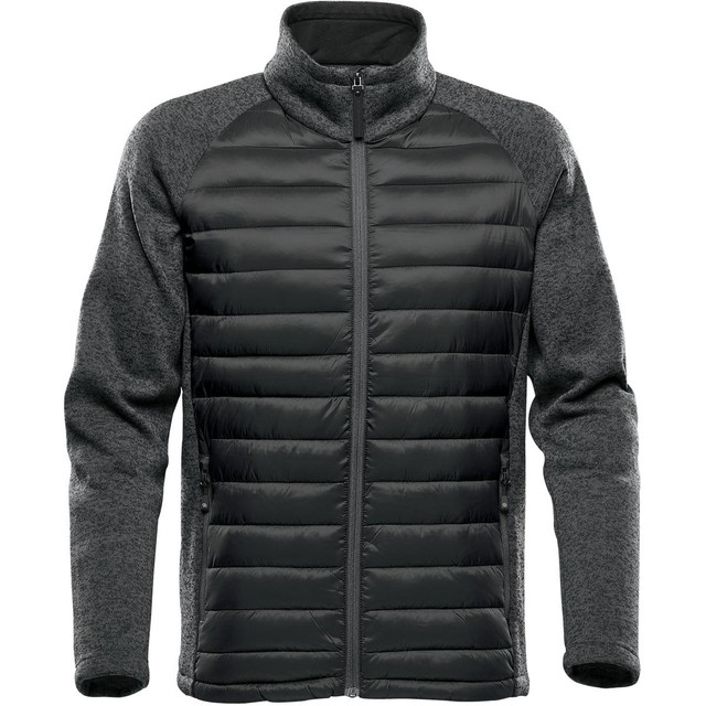 A men's hybrid jacket in dark grey with a quilted front and knit sleeves. Features a full zip and two side pockets.