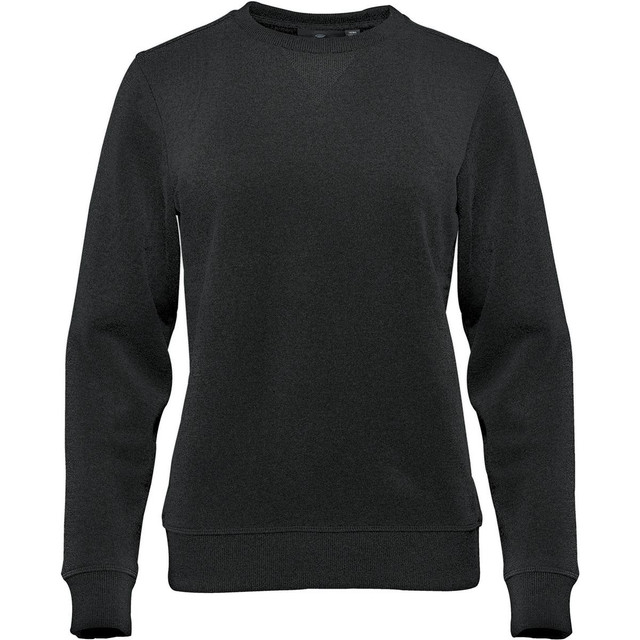 A black women's crew pullover with long sleeves and a classic neckline. It features a brand logo.
