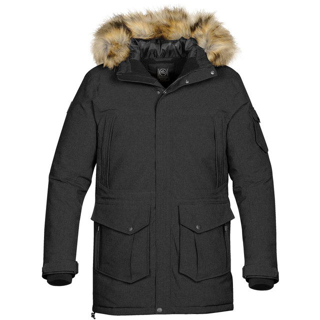 A black expedition parka with a faux fur hood, featuring multiple pockets and a zip closure.