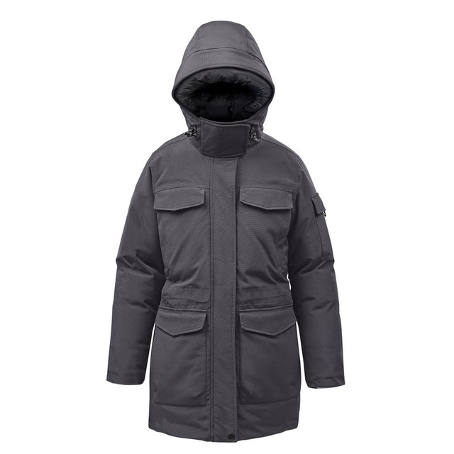 A women's puffer jacket in dark grey with a hood, featuring multiple front pockets and a zip closure.