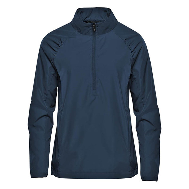 A women's Pacifica 1/4 zip anorak in navy blue, featuring a collar and long sleeves, with a logo on the front.
