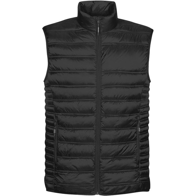A black thermal vest with a zip-up front and padded design, featuring side pockets and a collar.