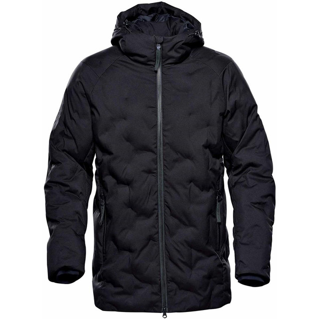 A black men's parka with a hood and zip closure, featuring quilted detailing and side pockets.