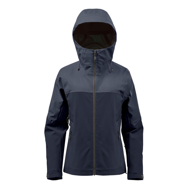 A women's jacket in navy blue, featuring a hood, zip closure, and pockets. It has a branded logo.