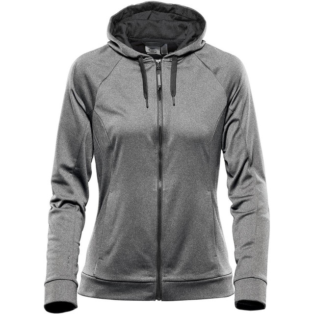 A grey women's hoody features a zip front, adjustable hood, and has a logo. Perfect for casual wear.