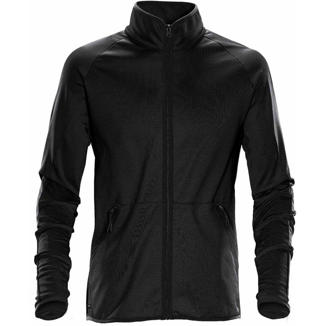 A black men's Mistral fleece jacket with long sleeves, a zip front, and two side pockets. It features a logo.