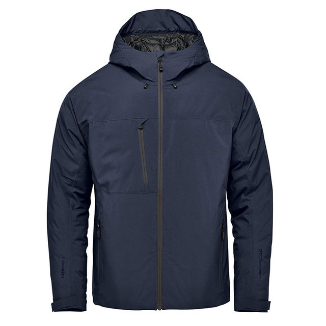 Men's Nostromo Thermal Shell jacket in navy blue, featuring a hood and zippered pockets, with a logo on the front.