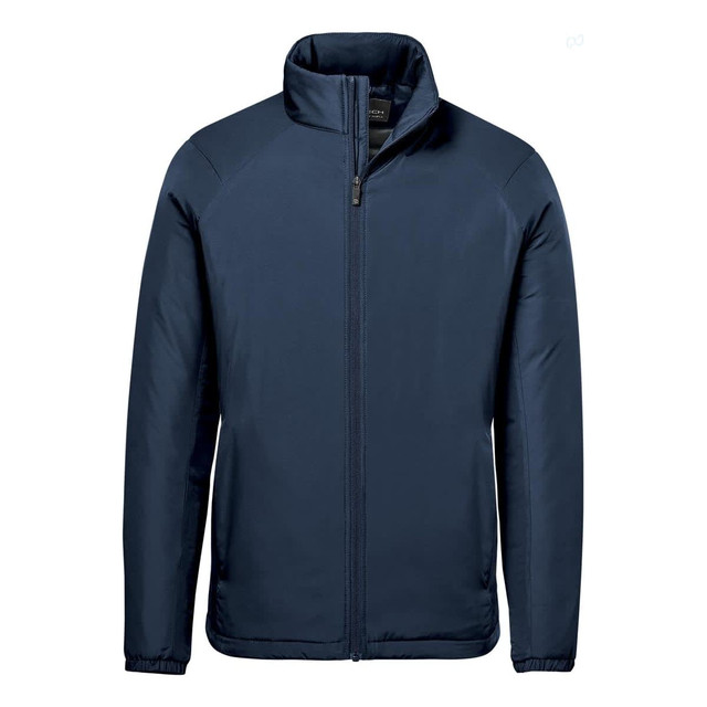A men's thermal jacket in navy blue with a zip front and stand-up collar, featuring subtle branding.