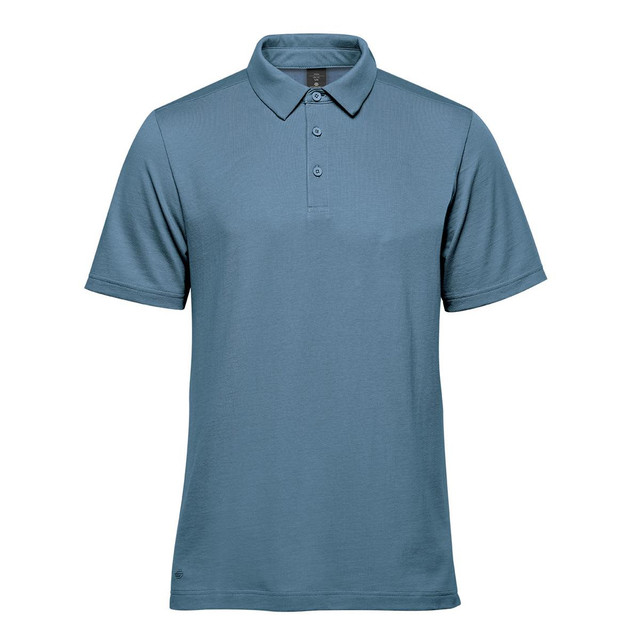 A short-sleeved polo shirt in a light blue shade, featuring a collar and three buttons. Includes a small logo.