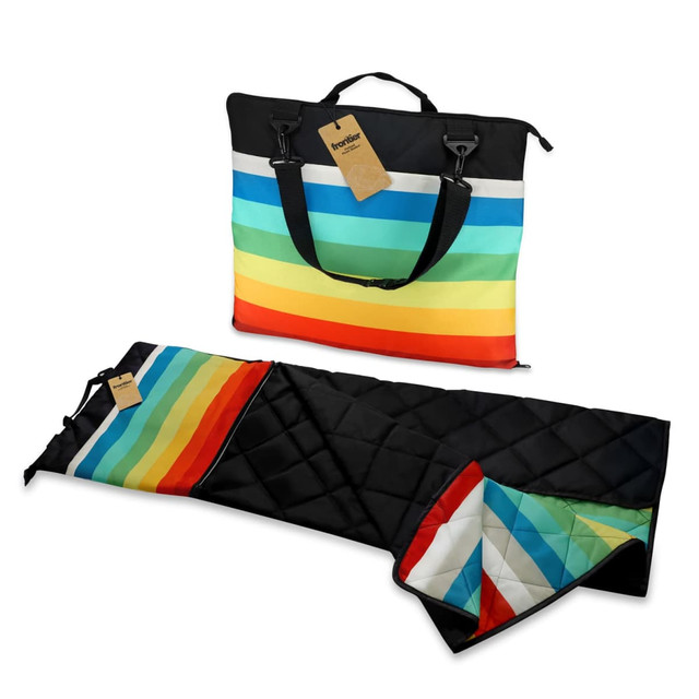 A picnic blanket in vibrant stripes, folded with a black exterior and handles, featuring an internal colourful design.