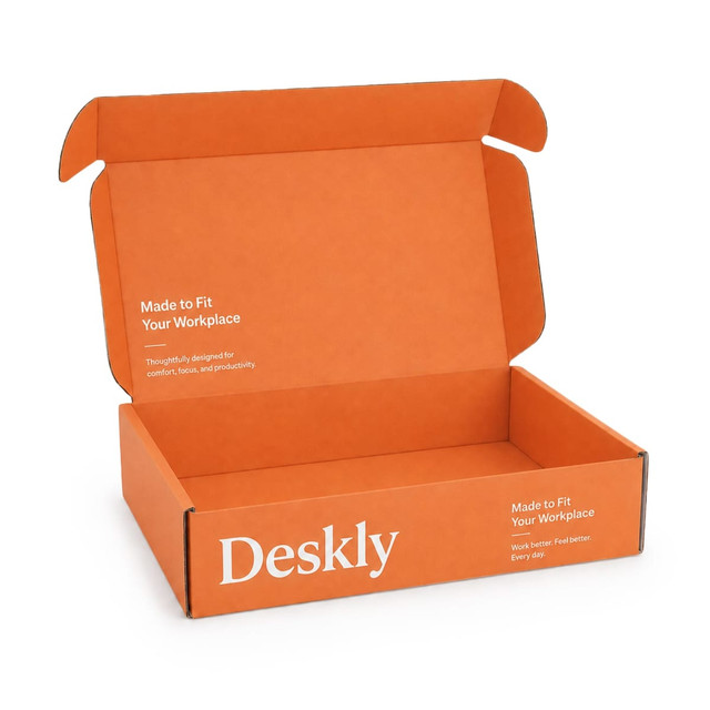 An open orange box with a locking lid, featuring a logo on the side, measuring 300 x 210 x 70mm.
