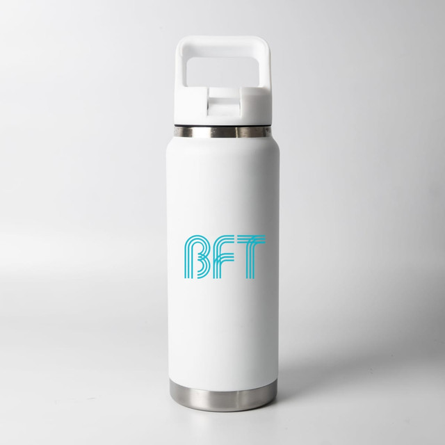 A drink bottle in matte white with a stainless steel base and a blue logo featuring the letters "BFT."