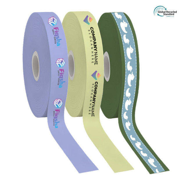 Three rolls of satin polyester ribbon in lavender, green, and blue, featuring various logos and designs.