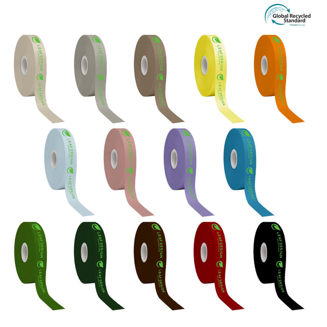 A selection of RPET screen-printed satin polyester ribbons in various colours including green, brown, purple, and yellow, with branding.