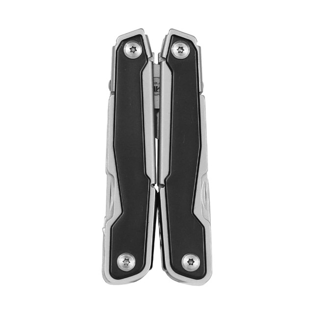 A silver and black multifunction tool featuring multiple tools in a compact, foldable design and a logo.