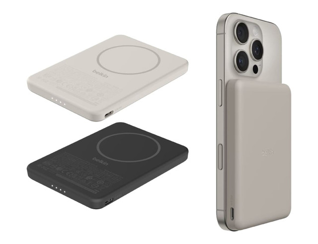 A slim power bank in black and white, designed for magnetic attachment, with ports and indicator lights.