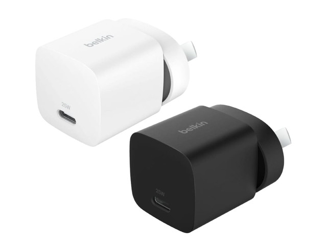 A wall charger set in white and black, featuring a USB-C port and a branding logo.