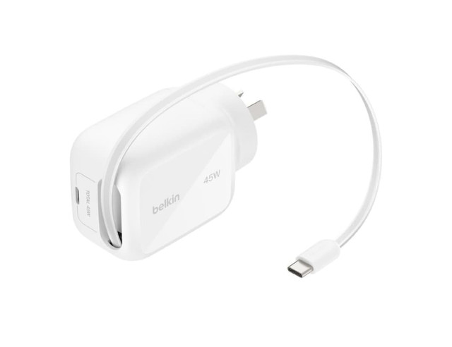 A white Belkin 45W retractable GaN wall charger with a USB-C cable attached and a small logo.