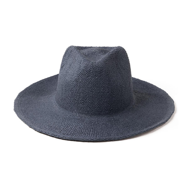A dark grey straw hat with a wide brim and a round crown, featuring a subtle texture. Includes a logo.