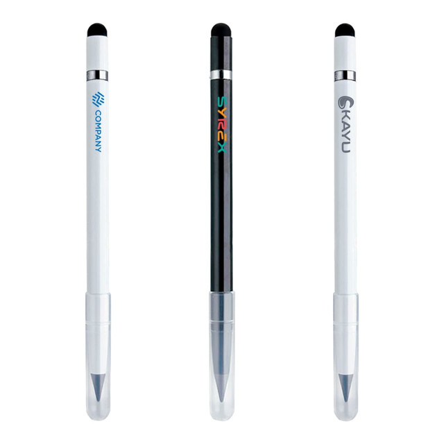 Three 3-in-1 eternal pencils in black and white, featuring a logo on one pencil and a clear sheath at the bottom.