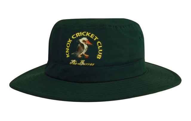 A green adjustable bucket hat featuring an embroidered logo. The hat has a wide brim for sun protection.