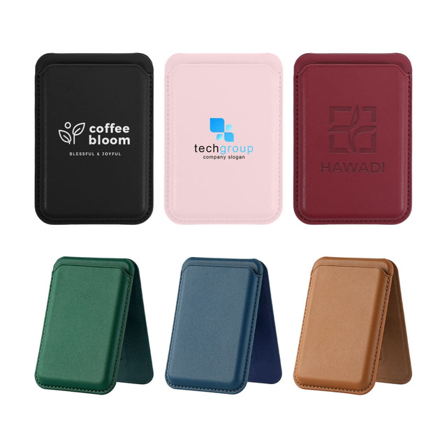 A collection of foldable magnetic card holders in black, pink, burgundy, green, and brown, featuring various logos.
