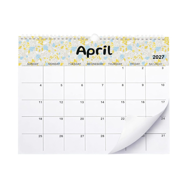 A horizontal wall calendar featuring a floral border, with the month of April prominently displayed and dates for 2027.