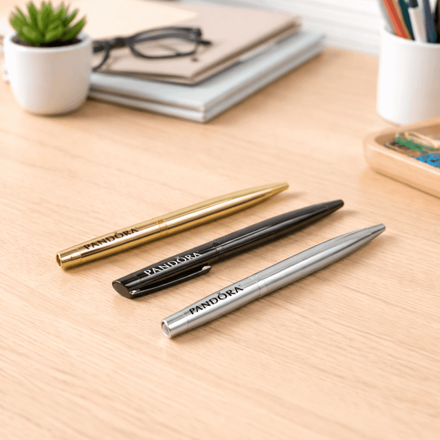 Three metal ballpoint pens in gold, black, and silver arranged on a wooden desk with stationery in the background.