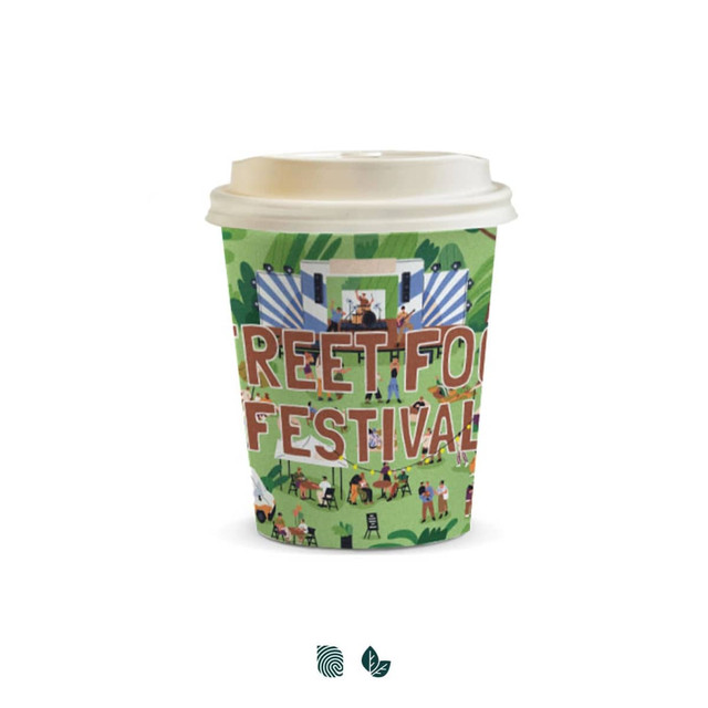 A compostable paper coffee cup, featuring colourful street food festival illustrations and a white lid.