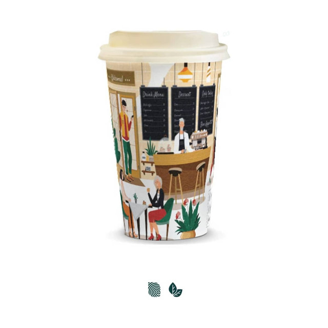 A compostable paper coffee cup in cream and colourful café design, featuring a lid and branded logo.