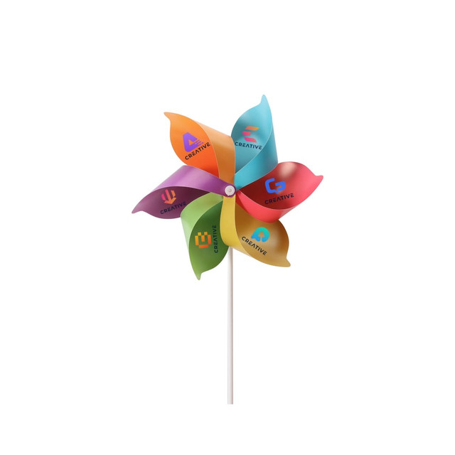 A six-leaf pinwheel featuring colourful blades in orange, pink, green, and blue, mounted on a white handle.