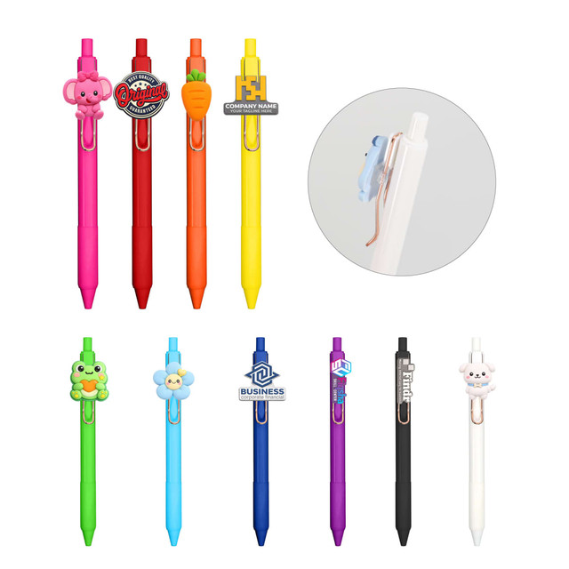A collection of Custom PVC Pens in various colours, featuring fun character clips and logos.