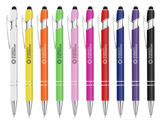 A set of stylus pens in various colours including white, yellow, orange, pink, purple, and black, featuring branding.