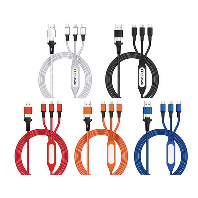 A set of six 6-in-1 night light charging cables in black, white, red, orange, blue, and grey. Each cable features a logo.