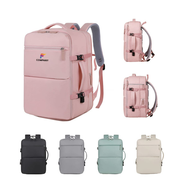 A pink expandable travel backpack with multiple views, featuring black, grey, and green colour options and a logo.