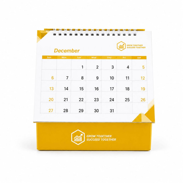 A desk calendar with a yellow base and a white top, featuring a month grid for December and a logo.