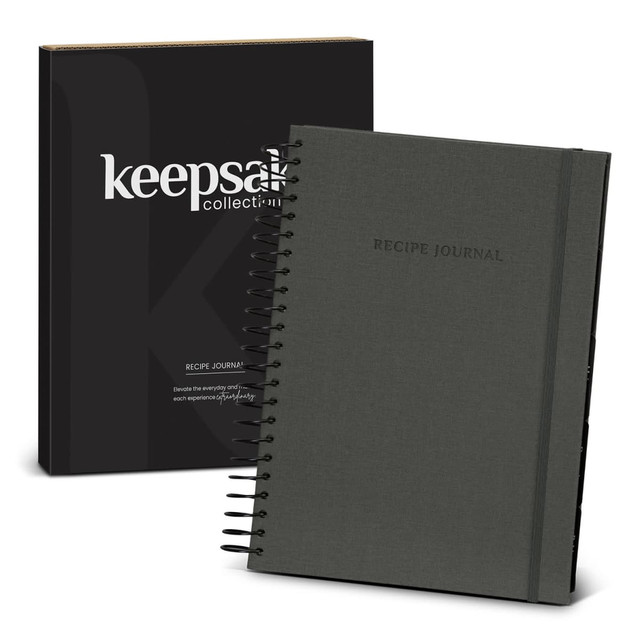 A black keepsake recipe journal with a spiral binding and a matching black box. The journal features a simple design.