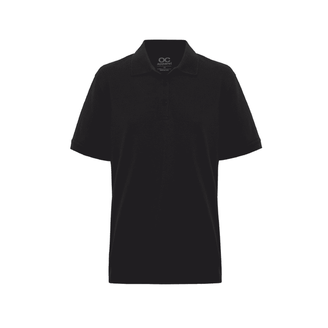 A black men's polo shirt featuring a classic collar and short sleeves, with a logo on the chest.