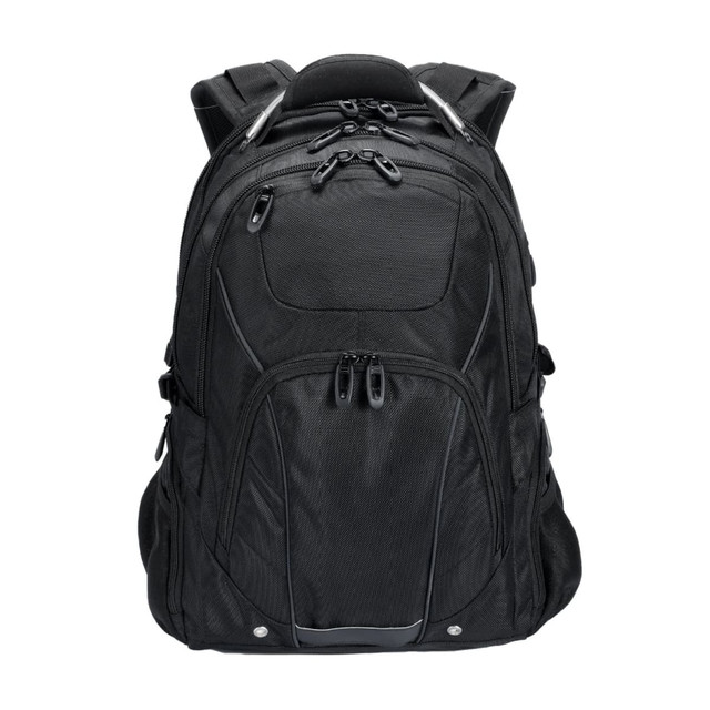 A black Eiger backpack with multiple zippers and compartments, featuring a logo on the front.