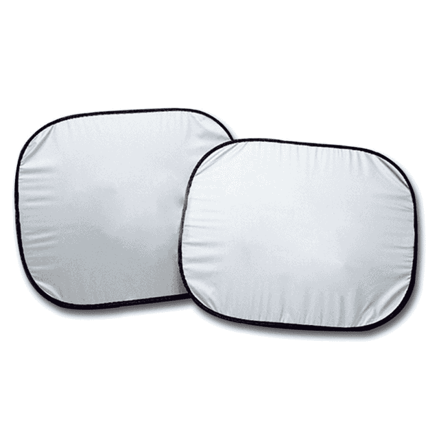 A pair of rectangular car sunshades in white with black trim, designed to block sunlight through side windows.