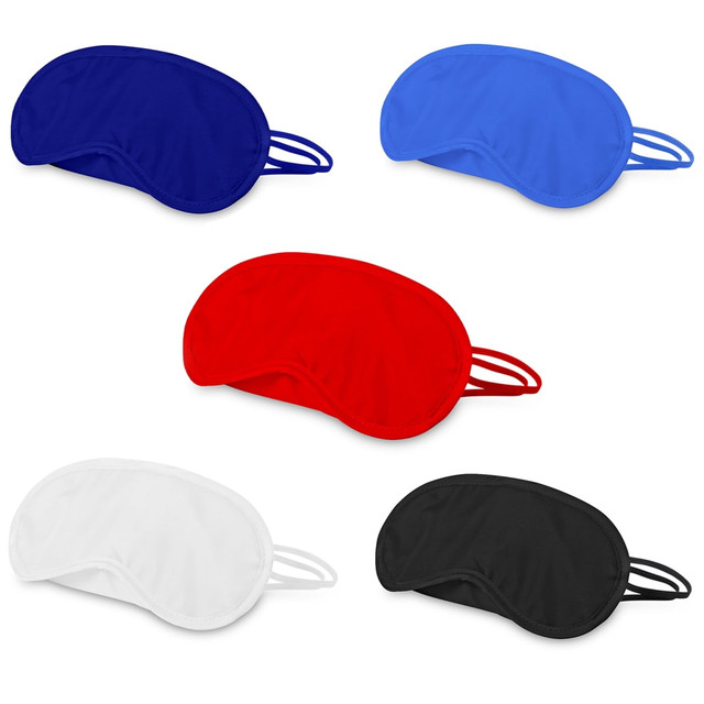 A collection of eye masks in red, blue, black, white, and a darker blue, featuring elastic straps and a logo.