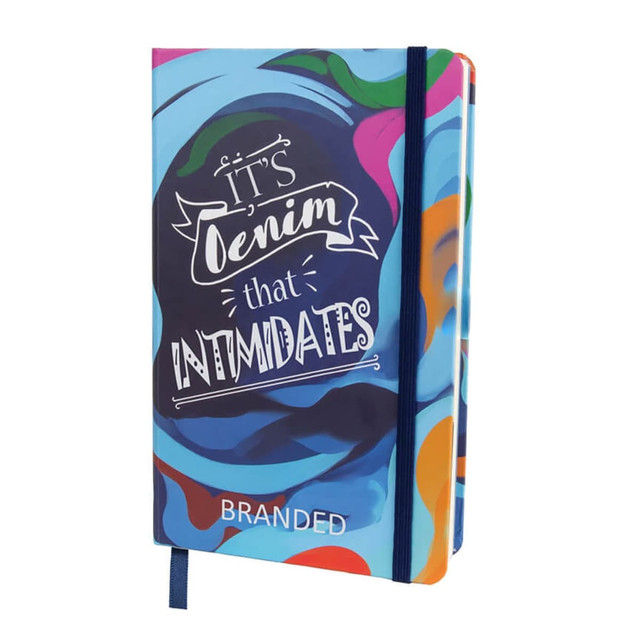 A5 full colour hard cover notebook featuring a vibrant swirl design and an elastic closure. Includes branding.