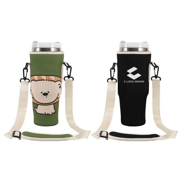 A drink bottle carrier bag featuring a green design with a cartoon character and a black side with a logo.