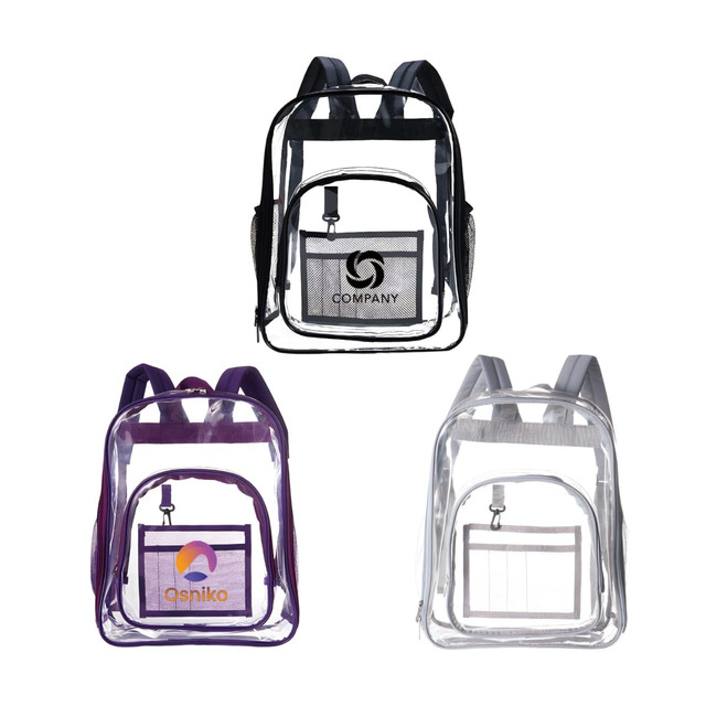 A heavy-duty transparent backpack in black, purple, and clear with front pockets and visible logos.