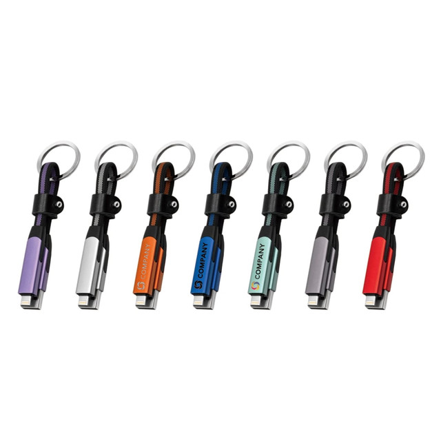 A 6-in-1 braided charging cable with keyring, available in purple, orange, teal, black, red, and grey.
