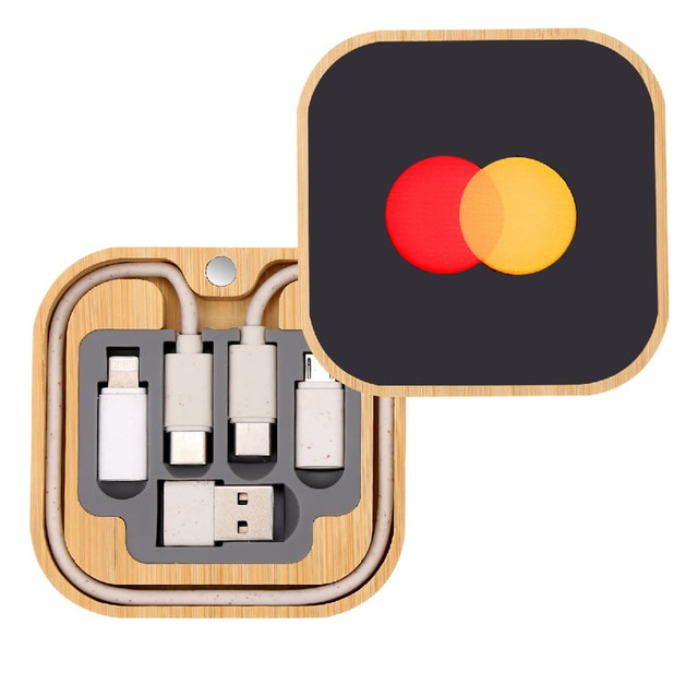 A square bamboo charging set with various cables including USB and Lightning connectors, featuring a logo.