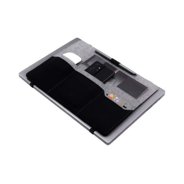 A grey clipboard made from RPET material with a black accent and storage pockets for cards and a pen.